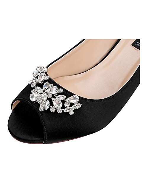 ERIJUNOR Women Comfort Low Kitten Heels Rhinestones Peep Toe Wedding Evening Party Shoes Dress Pumps