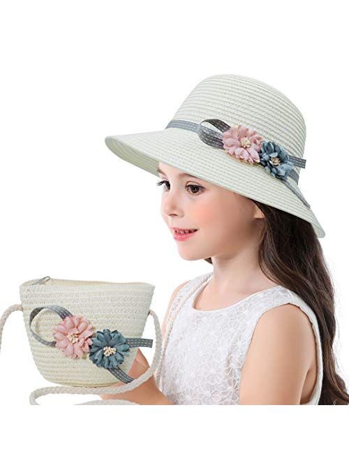 Bienvenu Girls Straw Hat with Pocket Girls Sun Hat Set Straw Suit