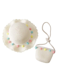 Noubeau Toddler Baby Girls Straw Hat Wide Brim Sun Hat with Shoulder Bag Set Cute Pompom Beach Hat