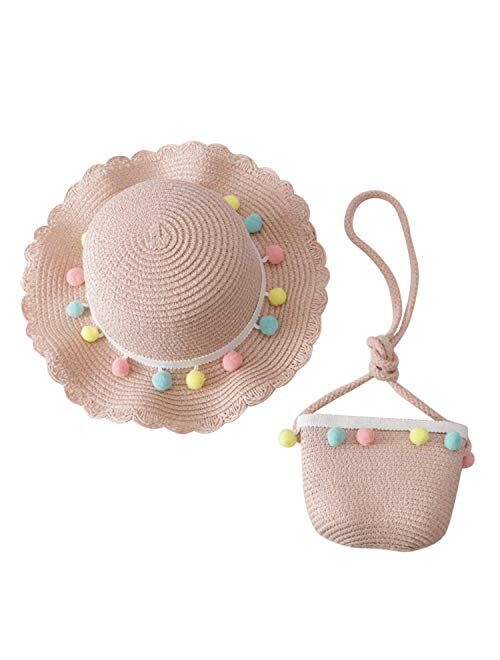 Noubeau Toddler Baby Girls Straw Hat Wide Brim Sun Hat with Shoulder Bag Set Cute Pompom Beach Hat