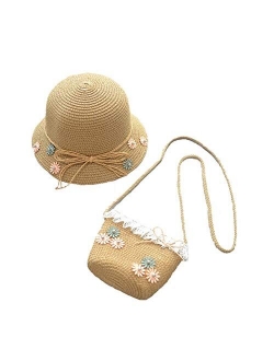 WeeH Girls Summer Hat Bag Set Wide Brim Hat Sun Beach Hats with Shoulder Bag