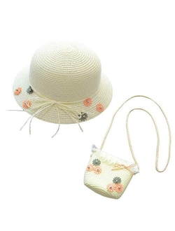 WeeH Girls Summer Hat Bag Set Wide Brim Hat Sun Beach Hats with Shoulder Bag