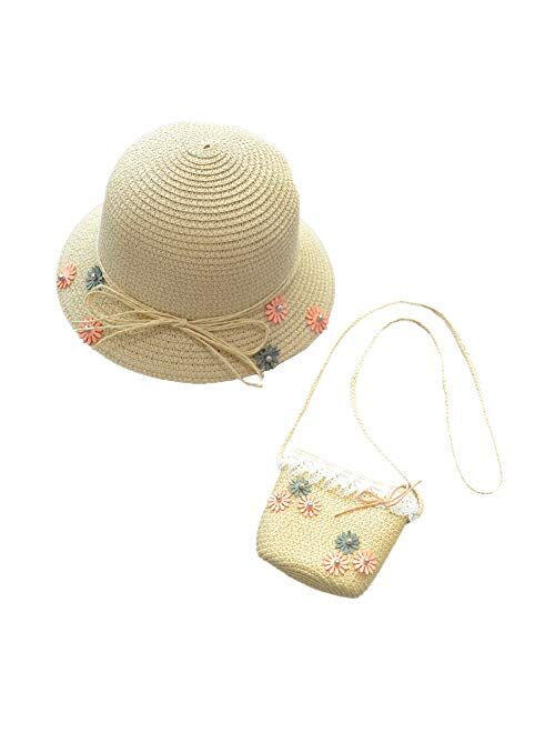 WeeH Girls Summer Hat Bag Set Wide Brim Hat Sun Beach Hats with Shoulder Bag