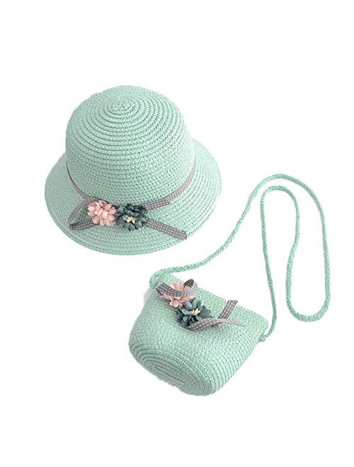 WeeH Girls Summer Hat Bag Set Wide Brim Hat Sun Beach Hats with Shoulder Bag