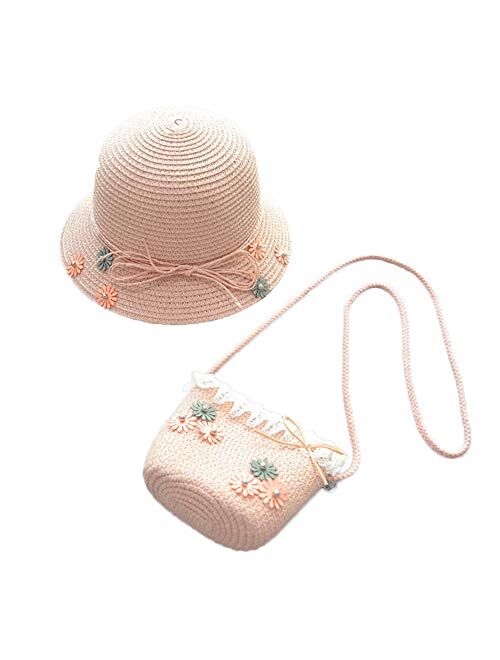 WeeH Girls Summer Hat Bag Set Wide Brim Hat Sun Beach Hats with Shoulder Bag