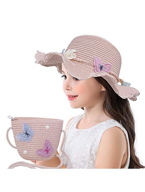 Bienvenu Beach Hats for Girls Straw Hat with Shoulder Bag Kids Derby Hats Set