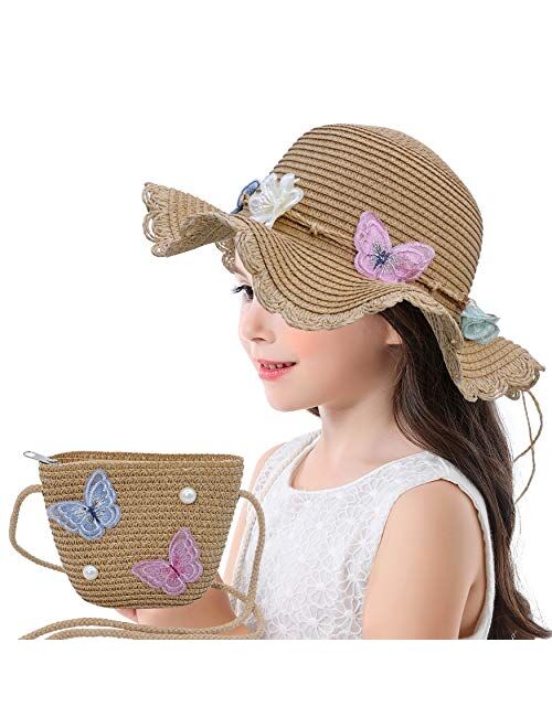 Bienvenu Beach Hats for Girls Straw Hat with Shoulder Bag Kids Derby Hats Set