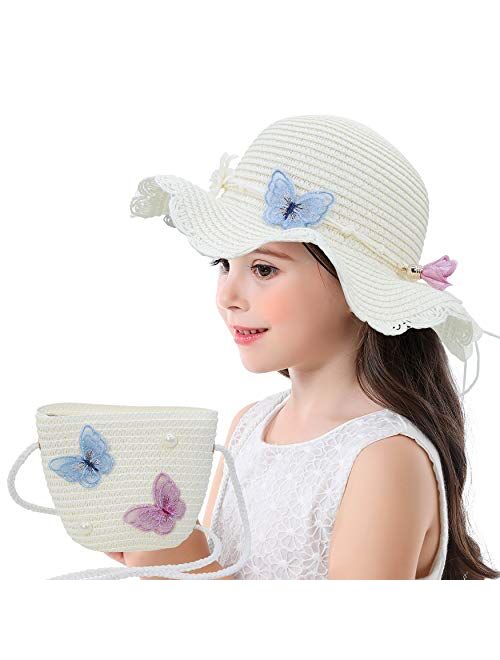 Bienvenu Beach Hats for Girls Straw Hat with Shoulder Bag Kids Derby Hats Set