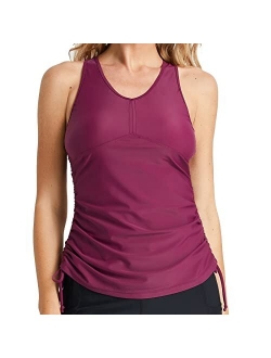 Women's Modest Ruched Side Tie Tankini Top Only Sporty Blouson Swimming Tank Tops UPF 50