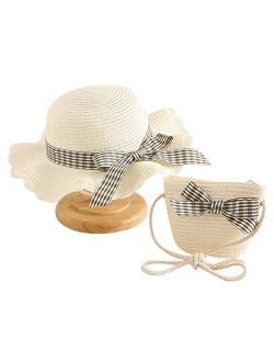 Beeladan Toddler Baby Girls Wide Brim Straw Sun Hat with Shoulder Bag Set Cute Lace Bowknot Flower Beach Cap