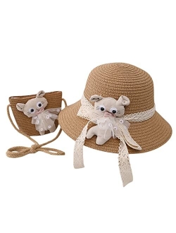 Beeladan Toddler Baby Girls Wide Brim Straw Sun Hat with Shoulder Bag Set Cute Lace Bowknot Flower Beach Cap