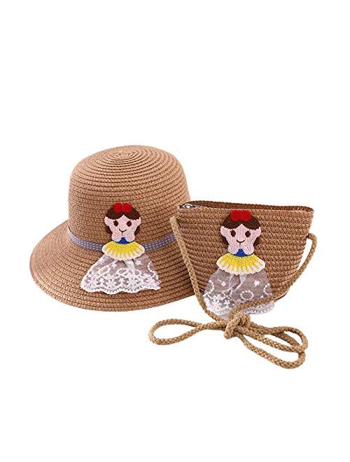 Beeladan Toddler Baby Girls Wide Brim Straw Sun Hat with Shoulder Bag Set Cute Lace Bowknot Flower Beach Cap