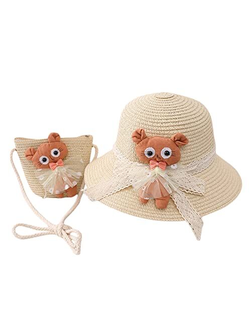 Beeladan Toddler Baby Girls Wide Brim Straw Sun Hat with Shoulder Bag Set Cute Lace Bowknot Flower Beach Cap