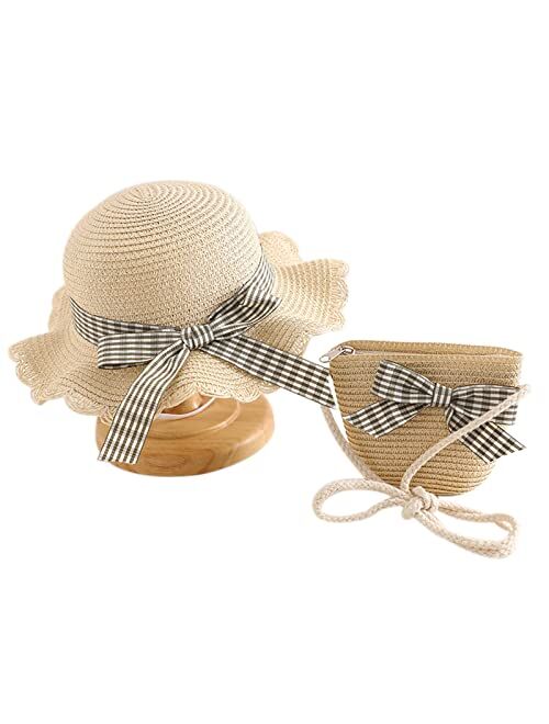 Beeladan Toddler Baby Girls Wide Brim Straw Sun Hat with Shoulder Bag Set Cute Lace Bowknot Flower Beach Cap