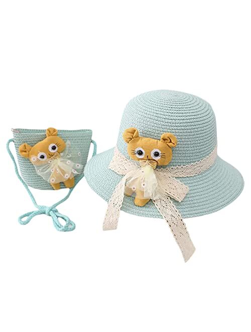 Beeladan Toddler Baby Girls Wide Brim Straw Sun Hat with Shoulder Bag Set Cute Lace Bowknot Flower Beach Cap