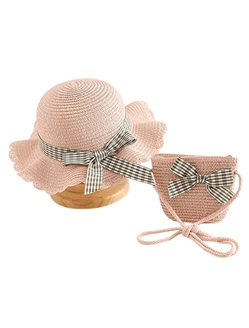 Beeladan Toddler Baby Girls Wide Brim Straw Sun Hat with Shoulder Bag Set Cute Lace Bowknot Flower Beach Cap