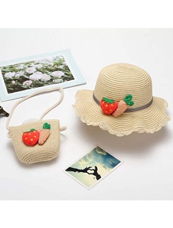 ZFLL Sun hat,Children Straw hat Shoulder Bag Tote Bags Summer 2pcs a Set Cute Floral Sun hat Bucket hat Kidsize flowerA