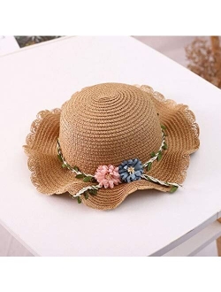 ZFLL Sun hat,Children Straw hat Shoulder Bag Tote Bags Summer 2pcs a Set Cute Floral Sun hat Bucket hat Kidsize flowerA