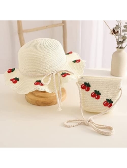 ZFLL Sun hat,Children Straw hat Shoulder Bag Tote Bags Summer 2pcs a Set Cute Floral Sun hat Bucket hat Kidsize flowerA