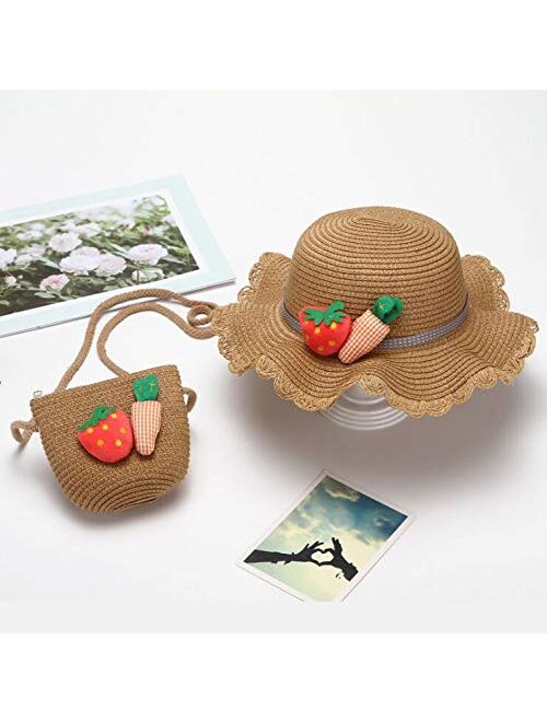 ZFLL Sun hat,Children Straw hat Shoulder Bag Tote Bags Summer 2pcs a Set Cute Floral Sun hat Bucket hat Kidsize flowerA