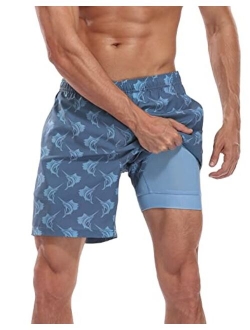 LRD Men's Swim Trunks with Compression Liner 7 Inch Inseam Quick Dry Swim Shorts