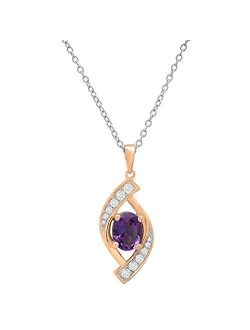 Collection 8X6 MM Oval Gemstone & Round White Diamond Ladies Flame Pendant (Silver Chain Included), Available in Various Gemstones & Metal in 10K/14K/18K Gol
