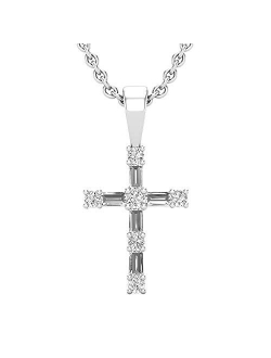 Collection Round Gemstone & Baguette White Diamond Ladies Cross Religious Pendant (Silver Chain Included), Available in Various Gemstones & Metal in 10K/14K/