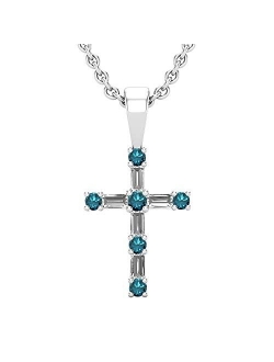 Collection Round Gemstone & Baguette White Diamond Ladies Cross Religious Pendant (Silver Chain Included), Available in Various Gemstones & Metal in 10K/14K/