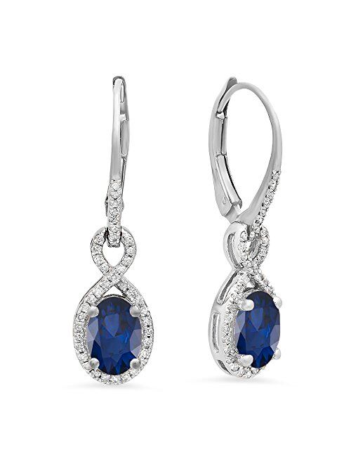 Dazzlingrock Collection 10K 7X5 MM Each Oval Lab Created Blue Sapphire & Round Diamond Dangling Drop Earrings, White Gold