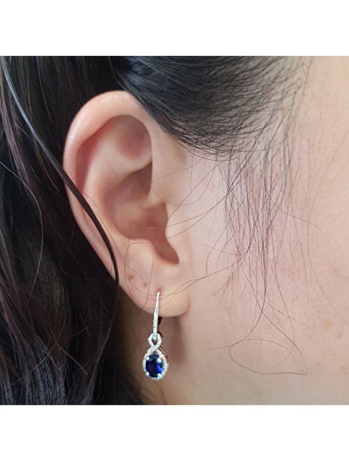 Dazzlingrock Collection 10K 7X5 MM Each Oval Lab Created Blue Sapphire & Round Diamond Dangling Drop Earrings, White Gold