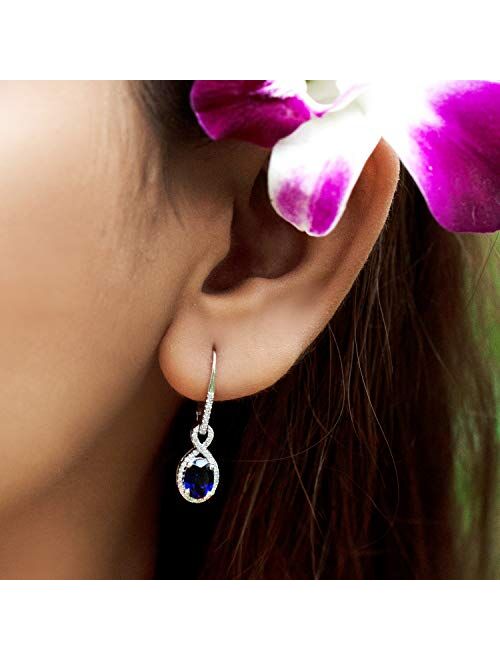 Dazzlingrock Collection 10K 7X5 MM Each Oval Lab Created Blue Sapphire & Round Diamond Dangling Drop Earrings, White Gold