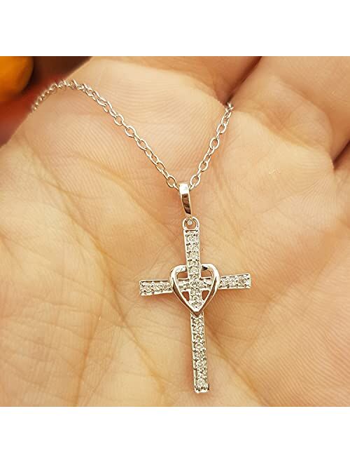 Dazzlingrock Collection Round White Diamond Heart Shaped Religious Cross Pendant with 18 Inch Silver Chain for Women (0.20 ctw, Color I-J)