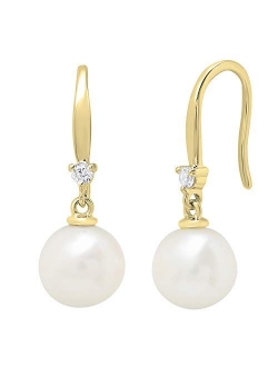 Collection 10K Gold 8 MM Each Round White Freshwater Pearls & Diamond Ladies Drop Earrings