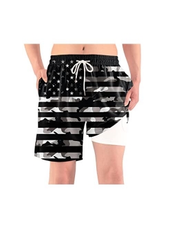 Tnhu American Flag Men's Swim Trunks with Compression Liner Patriotic Stretch Beach Board Shorts Drawstring Swimsuit