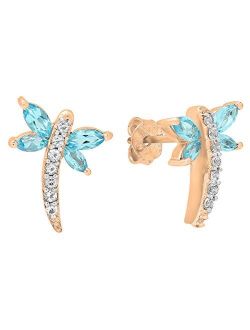 Collection Marquise Blue Topaz & Round White Topaz Dragonfly Stud Earrings, Available in Metal 10K/14K/18K Gold & 925 Sterling Silver