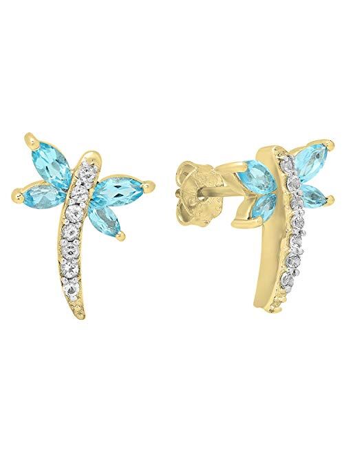 Dazzlingrock Collection Marquise Blue Topaz & Round White Topaz Dragonfly Stud Earrings, Available in Metal 10K/14K/18K Gold & 925 Sterling Silver