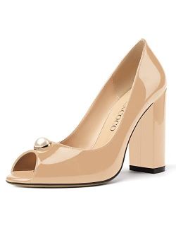 MODENCOCO Women's Slip On Pearl Peep Toe Patent Block High Heel Pumps Shoes 4 Inch