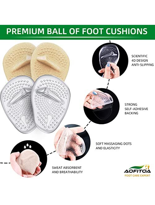 AOFITOA Metatarsal Pads, Ball of Foot Cushions for Women (4 Pairs High Heel Inserts) Reusable Soft Gel Forefoot Pads for High Heel, One Size Fits Shoe Inserts for Women A