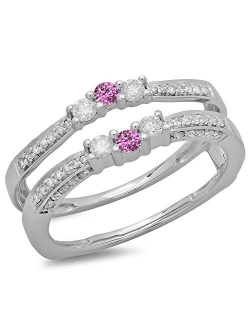 Collection 14K Gold Round Pink Sapphire & White Diamond Ladies Anniversary Wedding Band Enhancer Guard Double Ring