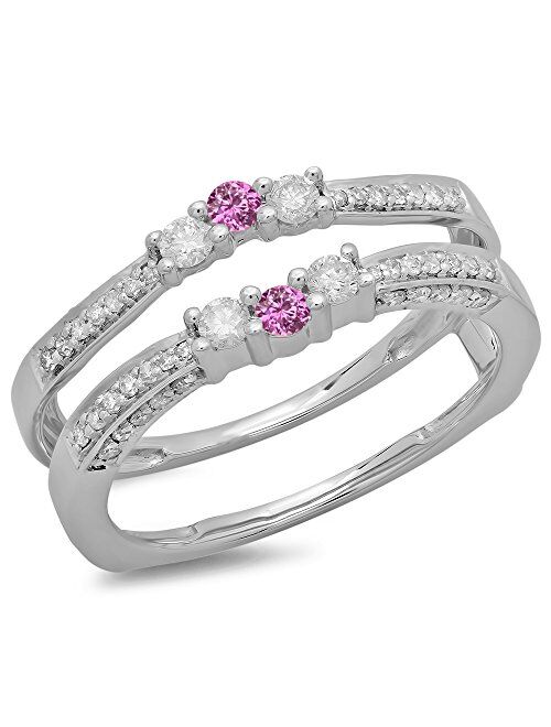 Dazzlingrock Collection 14K Gold Round Pink Sapphire & White Diamond Ladies Anniversary Wedding Band Enhancer Guard Double Ring