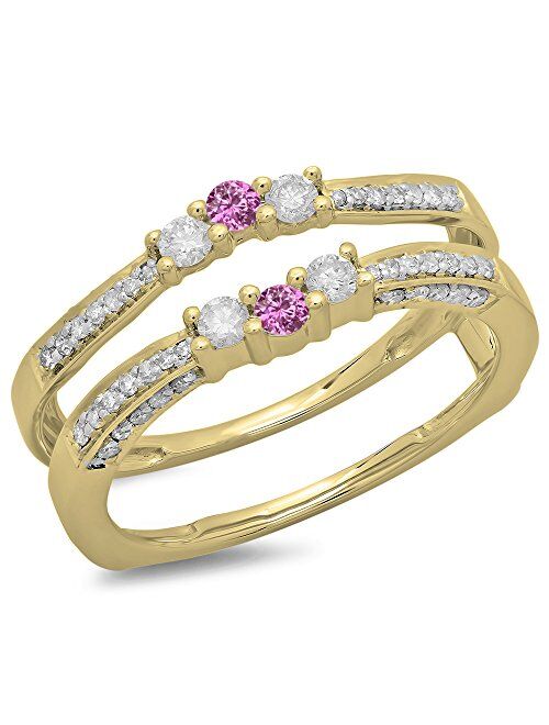 Dazzlingrock Collection 14K Gold Round Pink Sapphire & White Diamond Ladies Anniversary Wedding Band Enhancer Guard Double Ring