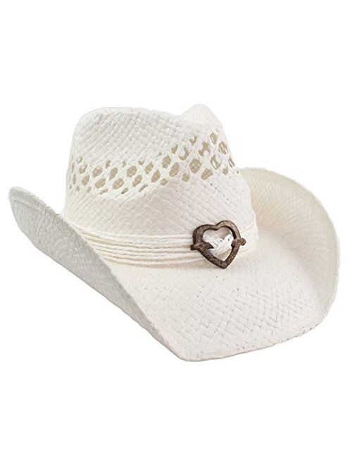 Rising Phoenix Industries Cute Comfy Flex Fit Woven Beach Cowboy Hat, Western Cowgirl Hat with Wood Heart on Hatband