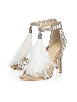 Hinyyrin Women's Tassels Rhinestone Heeled Sandals Wedding Dress White Sandals Stiletto Heel Pearl