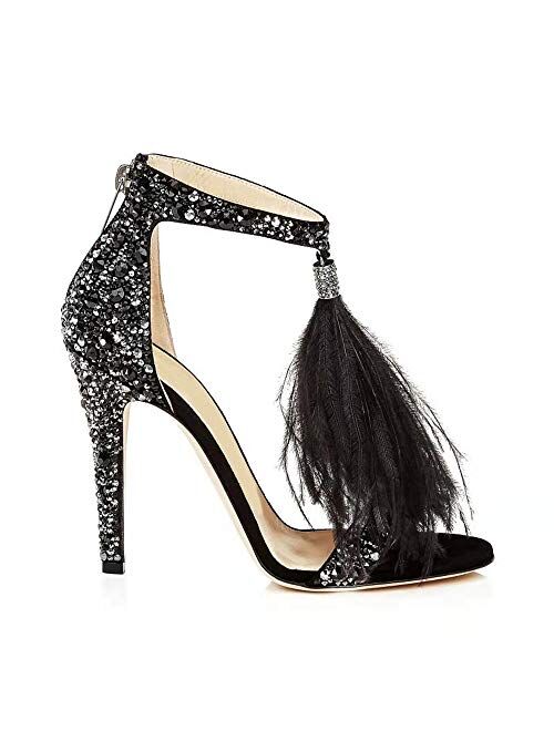 Hinyyrin Women's Tassels Rhinestone Heeled Sandals Wedding Dress White Sandals Stiletto Heel Pearl