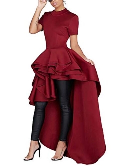 Kearia Women Ruffle High Low Asymmetrical Turtleneck Tops Blouse Shirt Dress