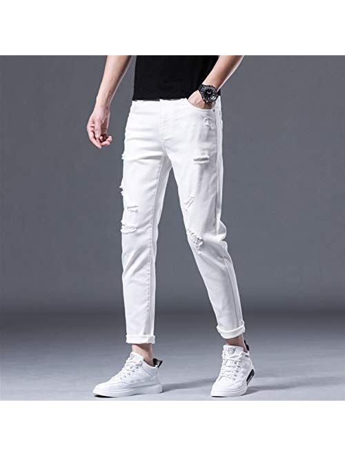 Junmin Micro-Elastic Mid-Rise White Casual 9-Point Pants Washed Youth Jeans (Size : Medium)