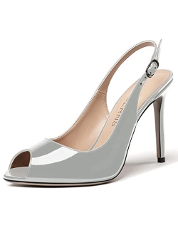 WAYDERNS Women's Slingback Patent Leather Peep Toe Ankle Strap Stiletto High Heel Pumps Wedding Dress 4 Inch