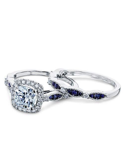 Kobelli Moissanite and Blue Sapphire Halo Bridal Rings Set