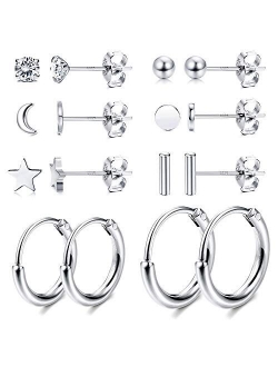 Milacolato 8 Pairs Sterling Silver Stud Earrings Set for Women Ball Dot CZ Star Moon Bar Tiny Earring Small Hoop Cartilage Earrings Set