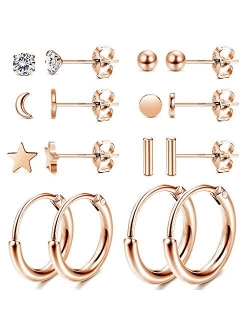 Milacolato 8 Pairs Sterling Silver Stud Earrings Set for Women Ball Dot CZ Star Moon Bar Tiny Earring Small Hoop Cartilage Earrings Set